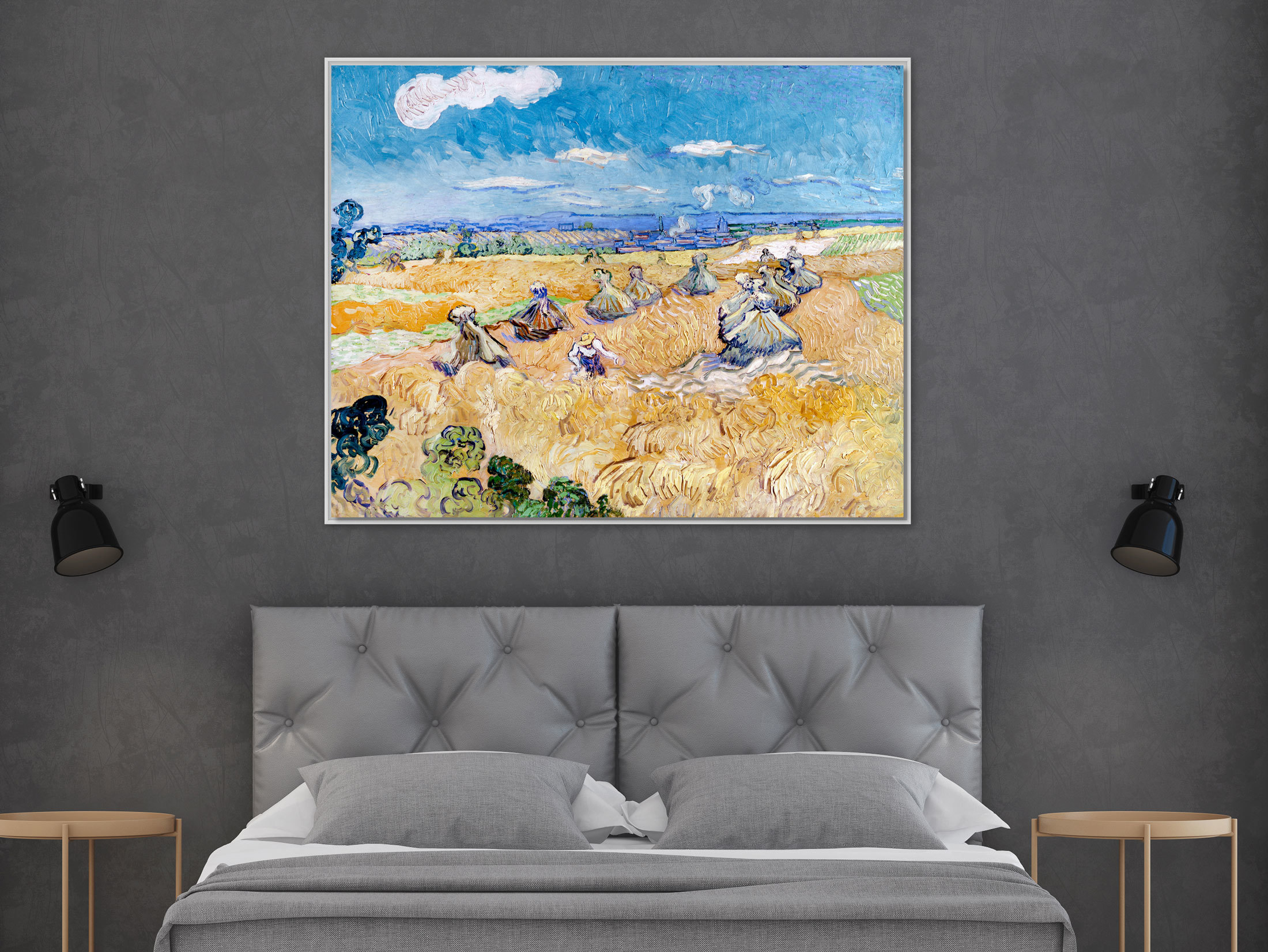 Wheat Stacks with Reaper, 1888, Leinwand mit Rahmen weiß
