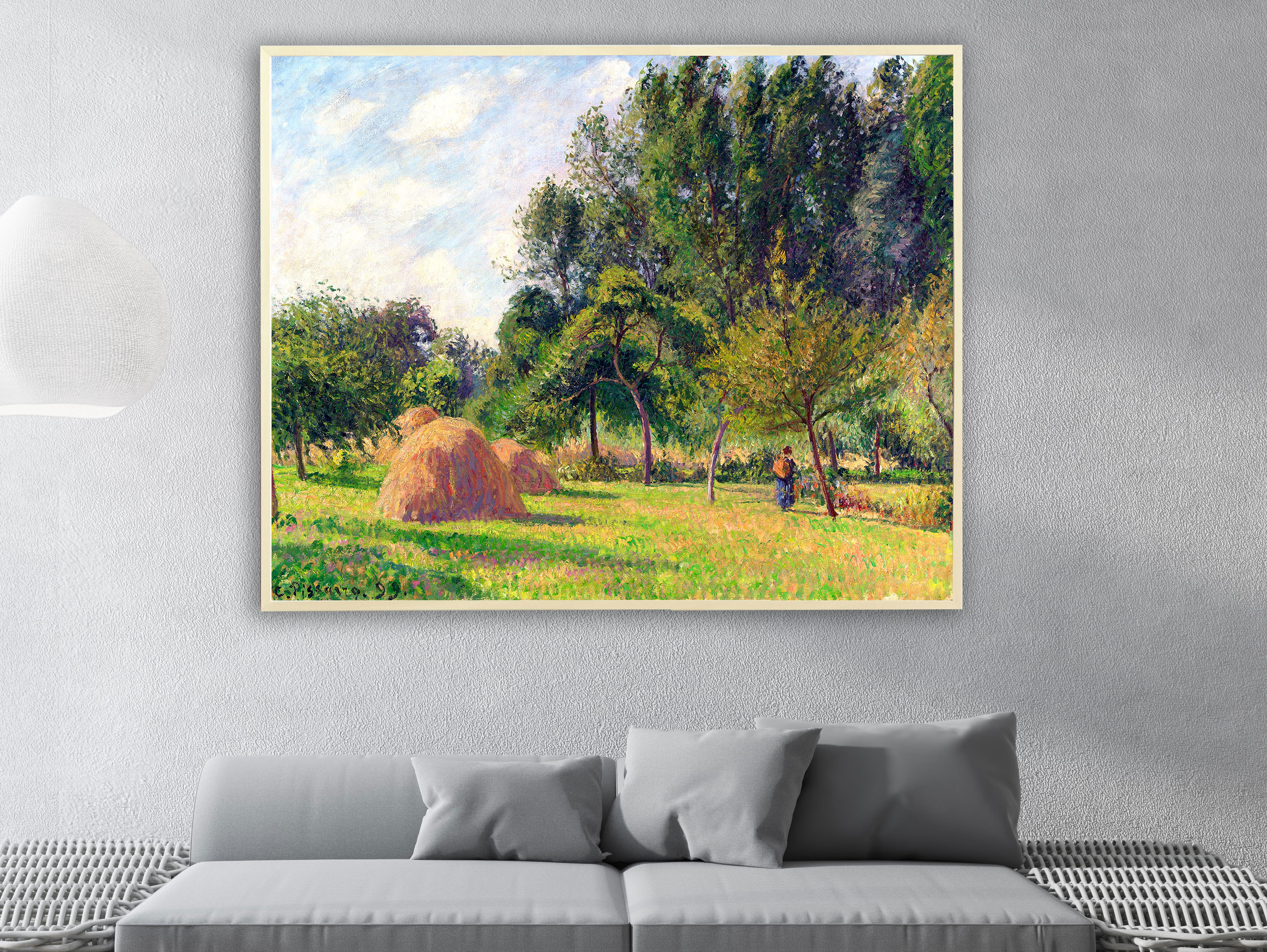 Camille Pissarro - Heuhaufen am Morgen Eragny in Frankreich, Bilderrahmen Ahorn