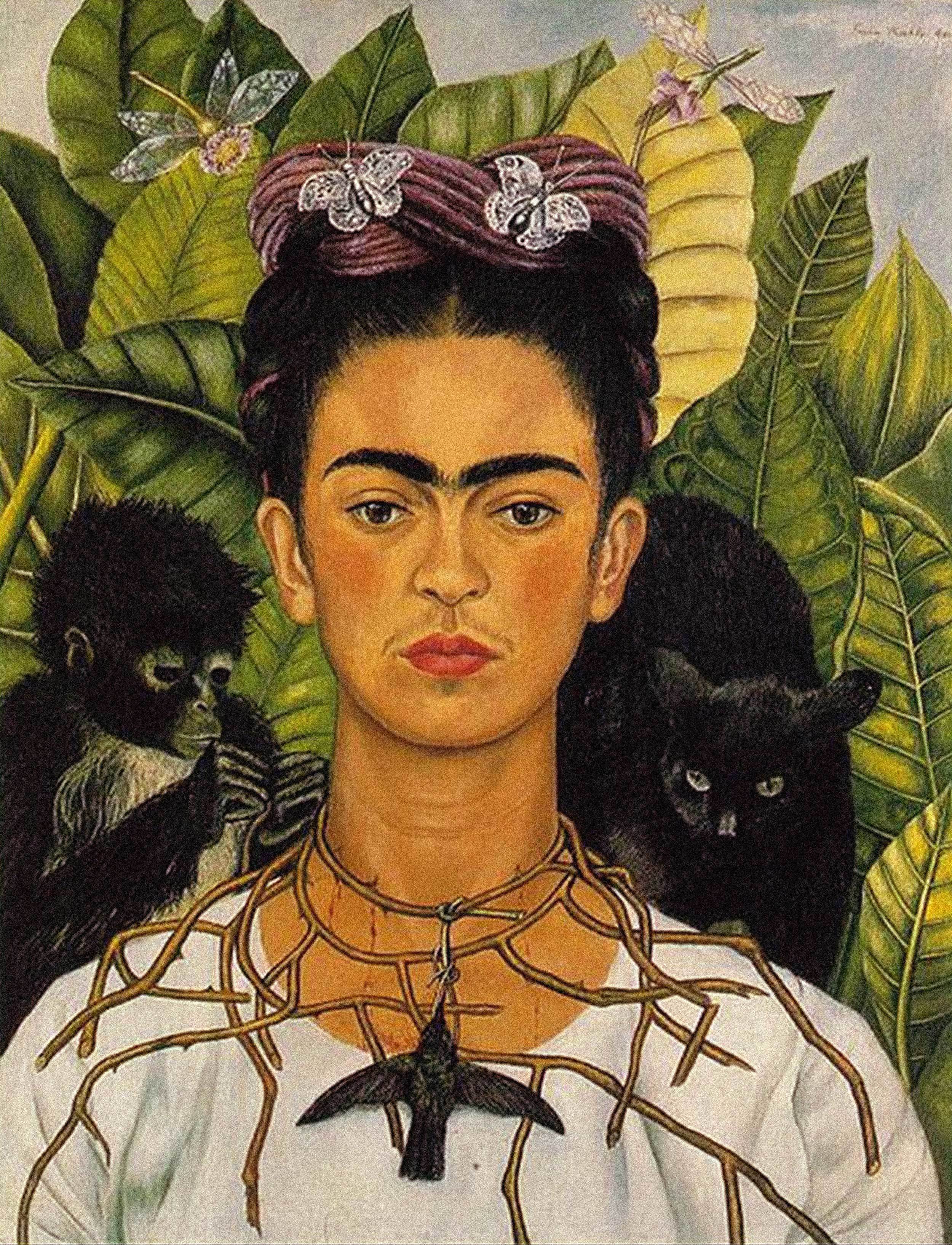 Frida Kahlo -  Self-portrait with Thorn Necklace and Hummingbird, 1940, Bilderrahmen grau