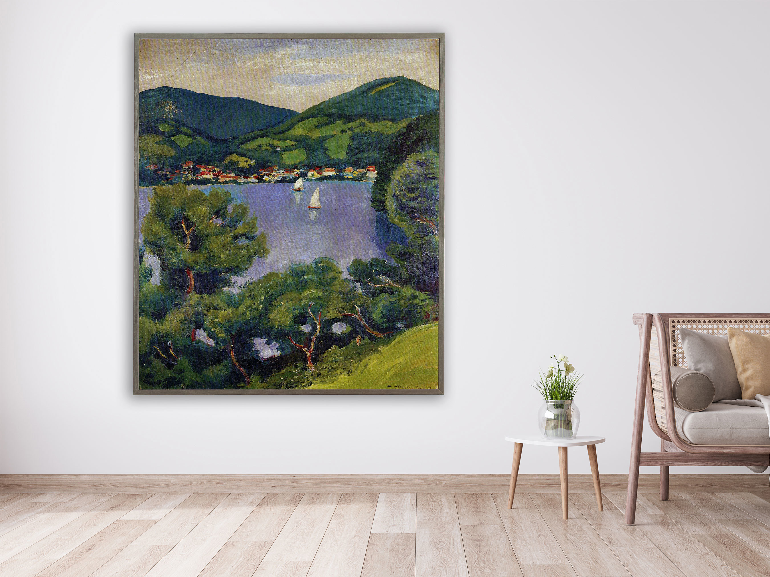 August Macke - Ansicht vom Tegernsee 1910, Bilderrahmen grau